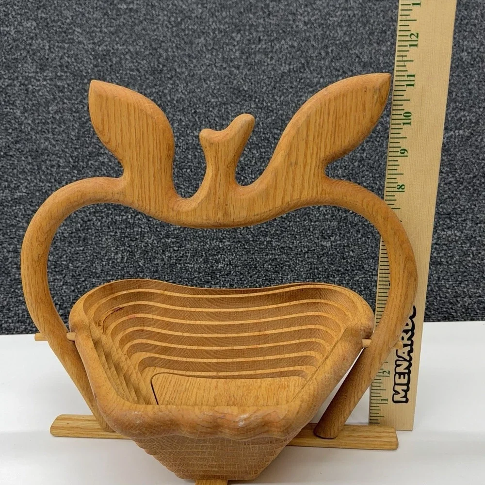 Collapsible Wooden Apple Fruit Bowl Basket‎ Stand Handle Rustic Farmhouse Decor